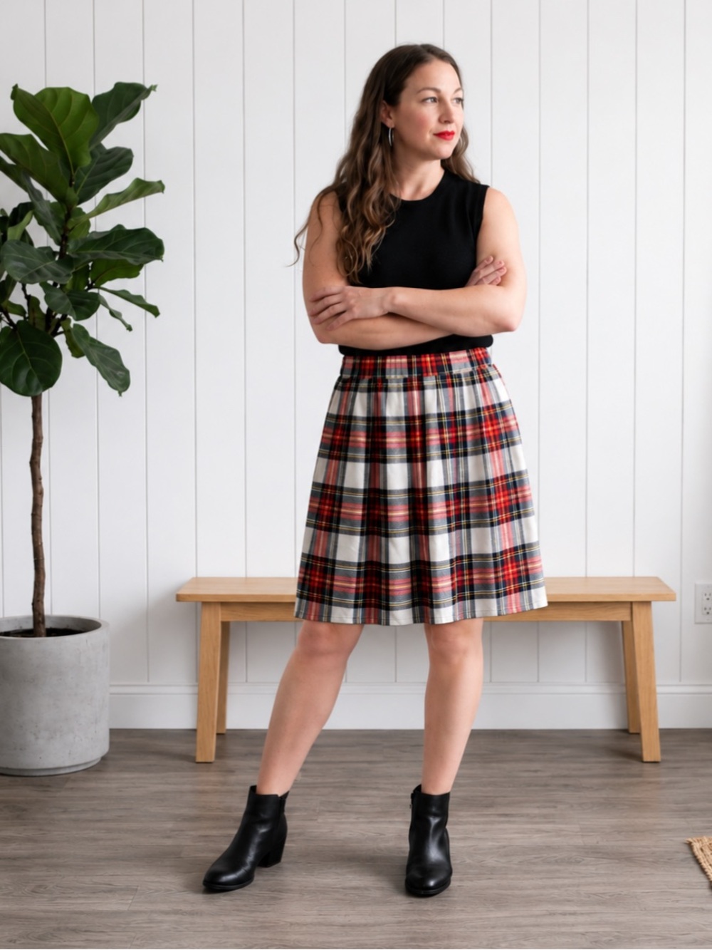 Plaid Midi Skirt in Red and Navy